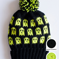 Ghost Halloween hat knitting kit with Wooly Worsted merino yarn in Black Licorice and Citrus Pop