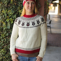 Reindeer Sweater, a Christmas colorwork yoke sweater knitting pattern in Ewe So Sporty
