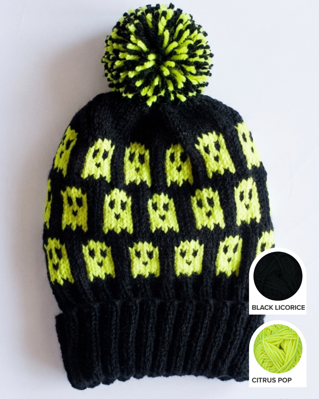 Ghost Halloween hat knitting kit with Wooly Worsted merino yarn in Black Licorice and Citrus Pop
