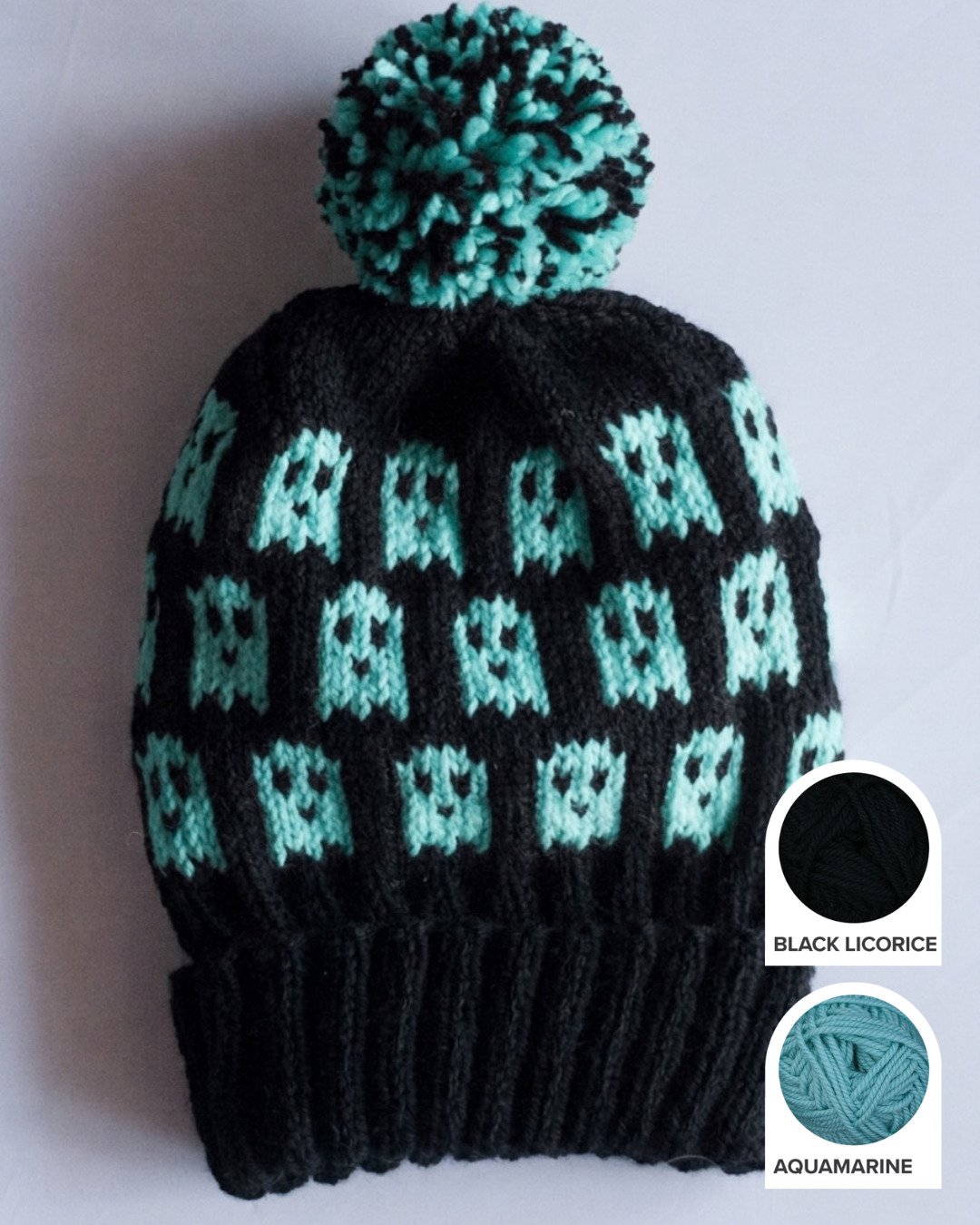Ghost Halloween hat knitting kit with Wooly Worsted merino yarn in Black Licorice and Aquamarine
