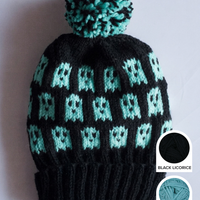 Ghost Halloween hat knitting kit with Wooly Worsted merino yarn in Black Licorice and Aquamarine