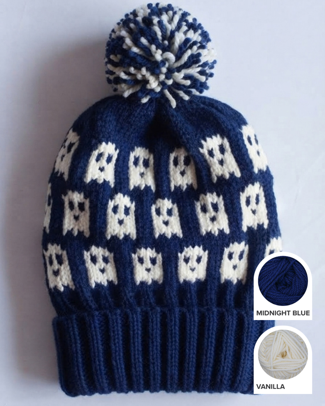 Ghost Halloween hat knitting kit with Wooly Worsted merino yarn in Midnight Blue and Vanilla
