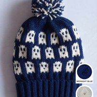 Ghost Halloween hat knitting kit with Wooly Worsted merino yarn in Midnight Blue and Vanilla