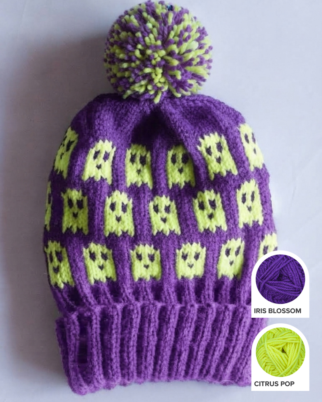 Ghost Halloween hat knitting kit with Wooly Worsted merino yarn in Iris Blossom and Citrus Pop