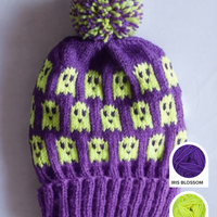 Ghost Halloween hat knitting kit with Wooly Worsted merino yarn in Iris Blossom and Citrus Pop