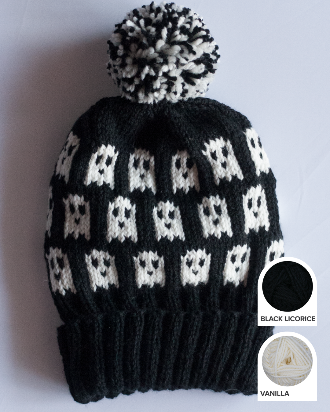 Ghost Halloween hat knitting kit with Wooly Worsted merino yarn in Black Licorice and Vanilla