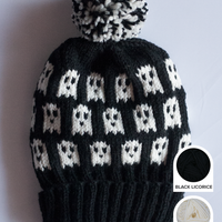 Ghost Halloween hat knitting kit with Wooly Worsted merino yarn in Black Licorice and Vanilla