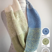 Finished Color Theory Cowl in the Light colorway, a seed stitch ombre of Sky Blue, Soft Sage, and Vanilla Ewe So Sporty merino