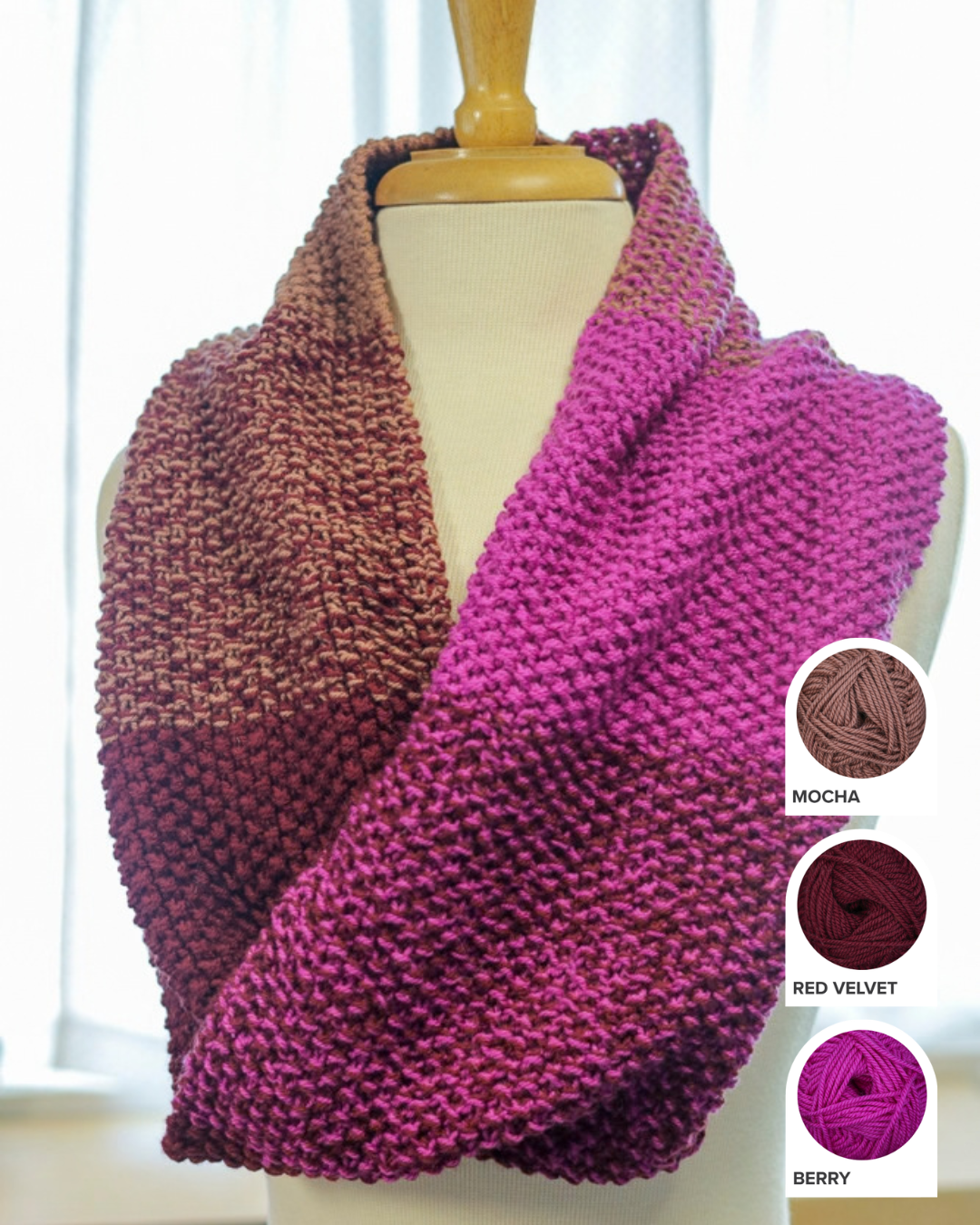 Finished Color Theory Cowl in the Raspberry colorway, a seed stitch ombre of Berry, Red Velvet, and Mocha Ewe So Sporty merino