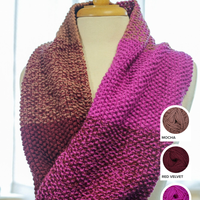 Finished Color Theory Cowl in the Raspberry colorway, a seed stitch ombre of Berry, Red Velvet, and Mocha Ewe So Sporty merino