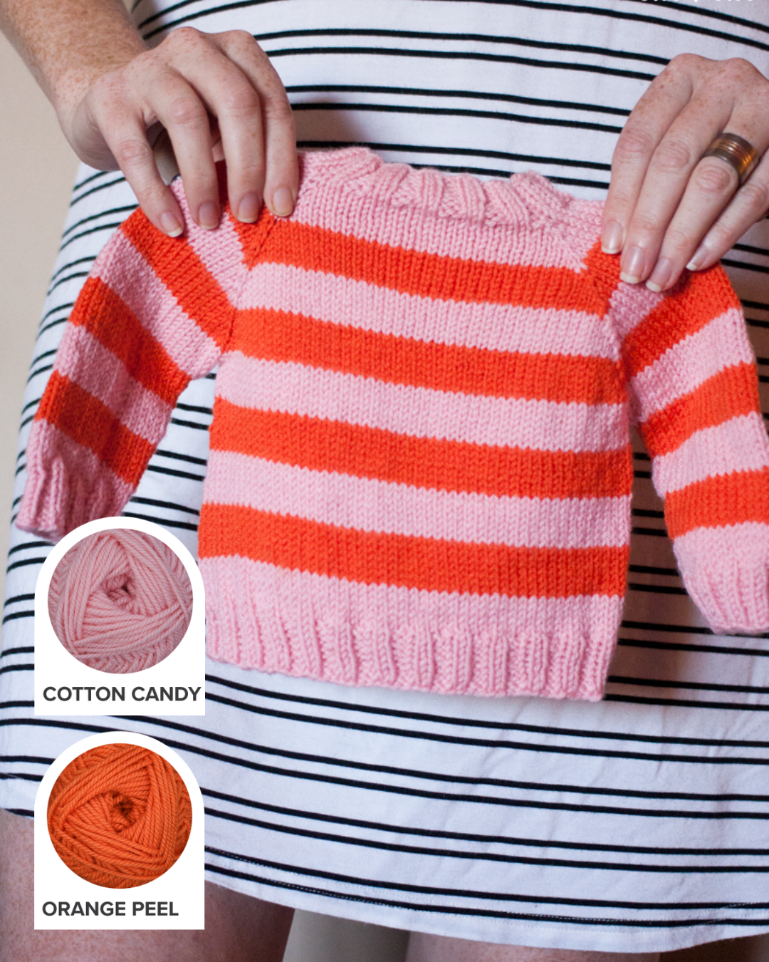 A striped, top-down seamless baby sweater in pink and orange Ewe So Sporty merino wool.