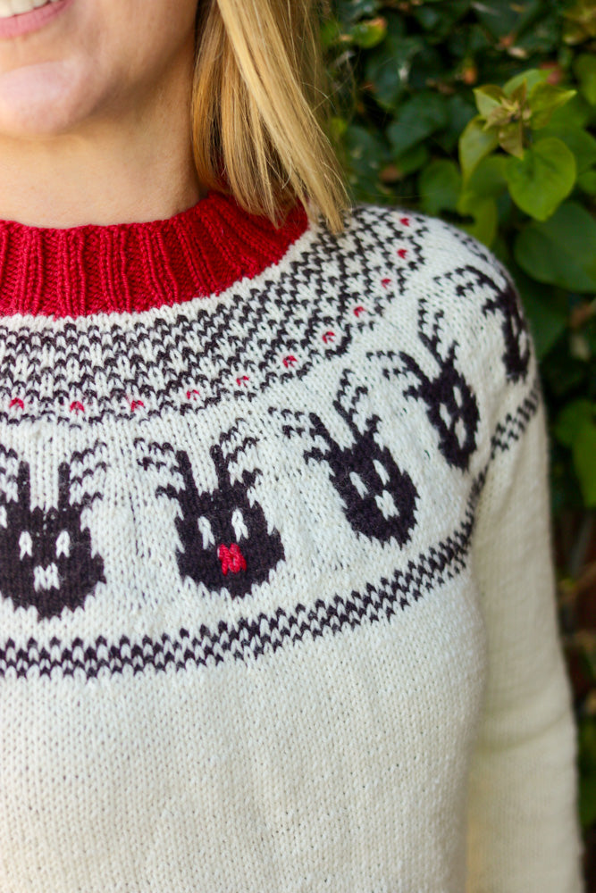 Reindeer Sweater, a Christmas colorwork yoke sweater knitting pattern in Ewe So Sporty