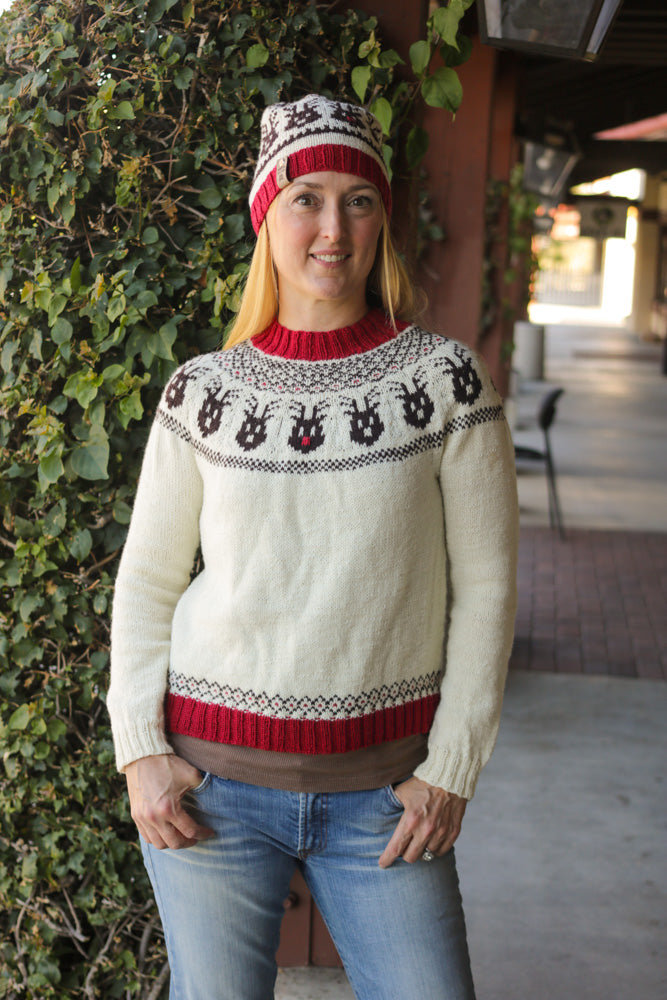 Reindeer Sweater, a Christmas colorwork yoke sweater knitting pattern in Ewe So Sporty