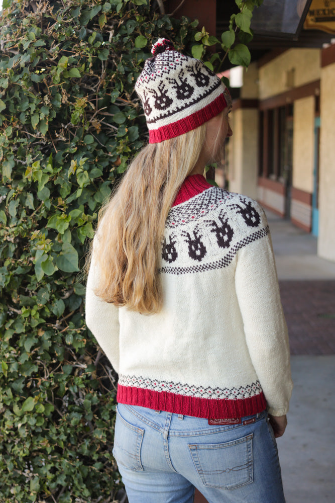 Reindeer Sweater, a Christmas colorwork yoke sweater knitting pattern in Ewe So Sporty