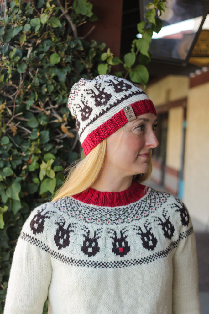 Reindeer Sweater, a Christmas colorwork yoke sweater knitting pattern in Ewe So Sporty