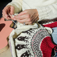 Reindeer Sweater, a Christmas colorwork yoke sweater knitting pattern in Ewe So Sporty