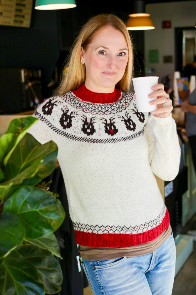 Reindeer Sweater, a Christmas colorwork yoke sweater knitting pattern in Ewe So Sporty