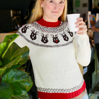 Reindeer Sweater, a Christmas colorwork yoke sweater knitting pattern in Ewe So Sporty