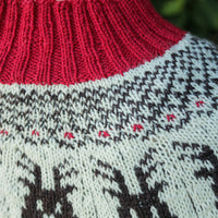 Reindeer Sweater, a Christmas colorwork yoke sweater knitting pattern in Ewe So Sporty
