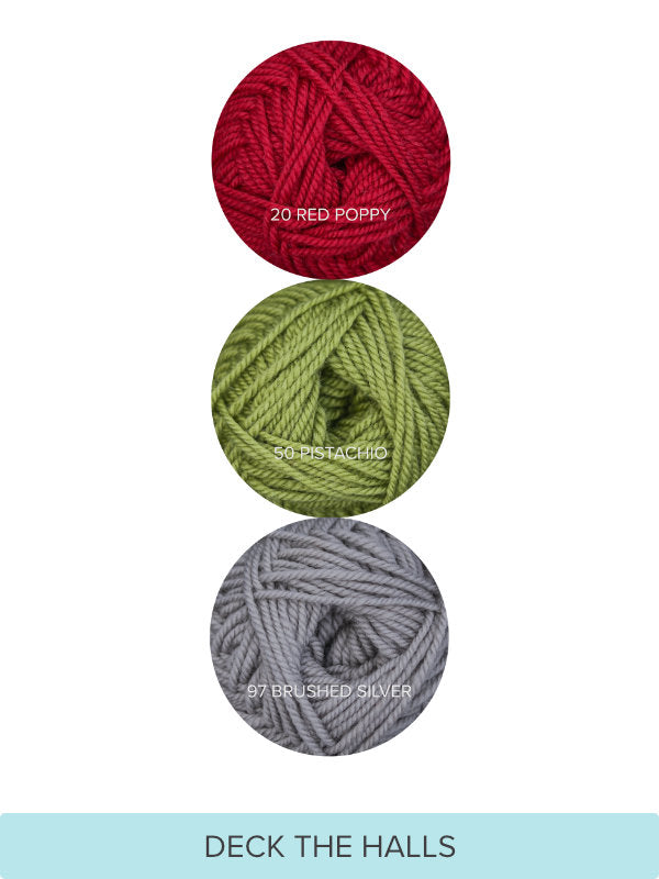 Color Theory Cowl yarn kit in the Deck the Halls colorway: Red Poppy, Pistachio, and Brushed Silver Ewe So Sporty merino yarn