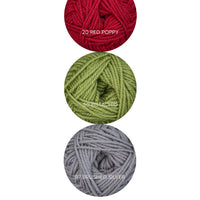 Color Theory Cowl yarn kit in the Deck the Halls colorway: Red Poppy, Pistachio, and Brushed Silver Ewe So Sporty merino yarn