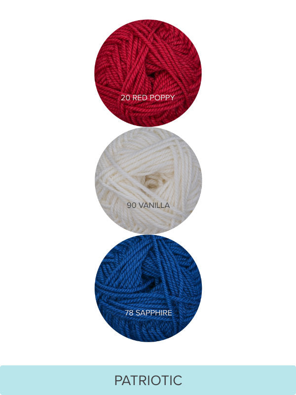 Color Theory Cowl yarn kit in the Patriotic colorway: Red Poppy, Vanilla, and Sapphire Ewe So Sporty merino yarn