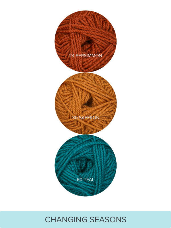 Color Theory Cowl yarn kit in the Changing Seasons colorway: Persimmon, Saffron, and Teal Ewe So Sporty merino yarn