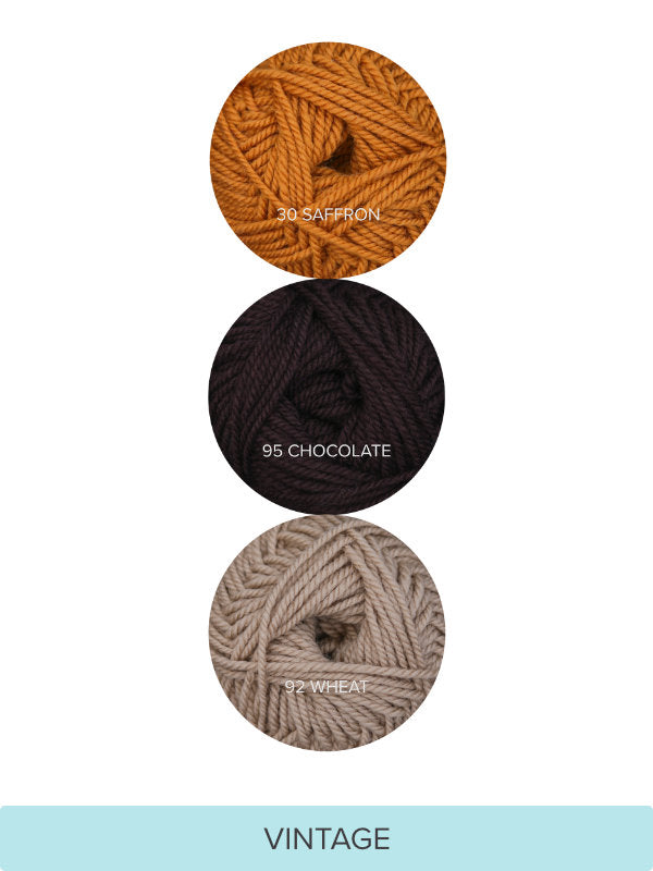 Color Theory Cowl yarn kit in the Vintage colorway: Saffron, Chocolate, and Wheat Ewe So Sporty merino yarn