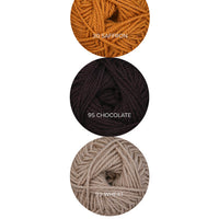 Color Theory Cowl yarn kit in the Vintage colorway: Saffron, Chocolate, and Wheat Ewe So Sporty merino yarn