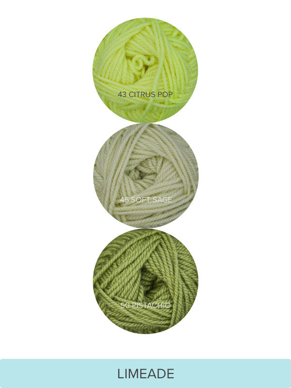 Color Theory Cowl yarn kit in the Limeade colorway: Citrus Pop, Soft Sage, and Pistachio Ewe So Sporty merino yarn