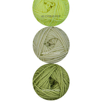 Color Theory Cowl yarn kit in the Limeade colorway: Citrus Pop, Soft Sage, and Pistachio Ewe So Sporty merino yarn