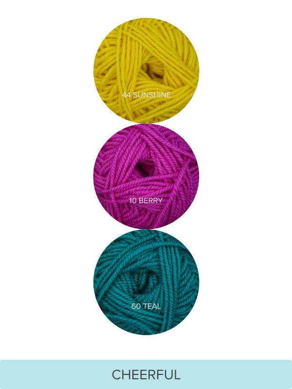 Color Theory Cowl yarn kit in the Cheerful colorway: Sunshine, Berry, and Teal Ewe So Sporty merino yarn