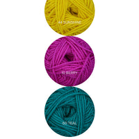 Color Theory Cowl yarn kit in the Cheerful colorway: Sunshine, Berry, and Teal Ewe So Sporty merino yarn