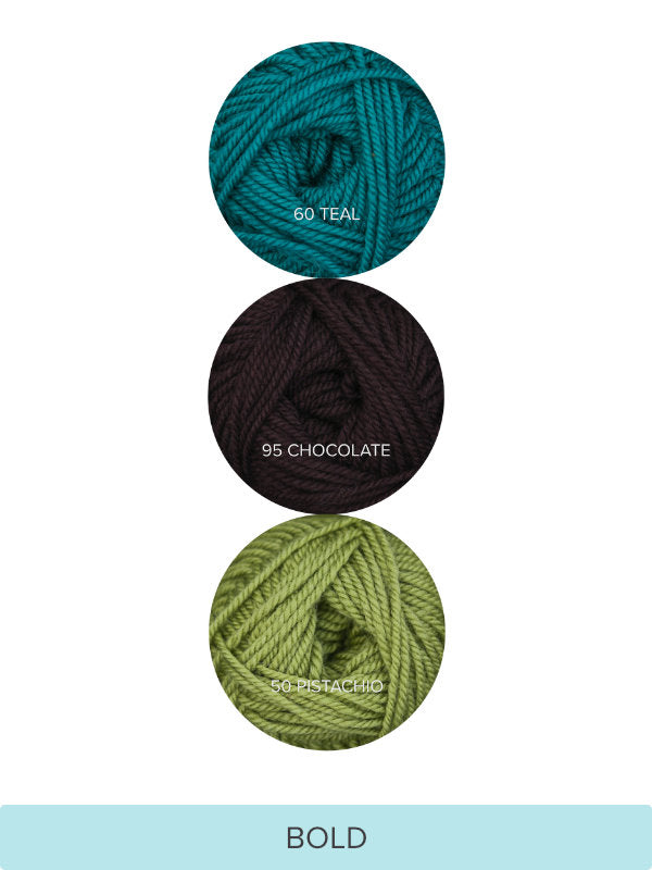 Color Theory Cowl yarn kit in the Bold colorway: Teal, Chocolate, and Pistachio Ewe So Sporty merino yarn