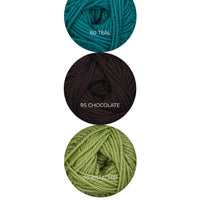 Color Theory Cowl yarn kit in the Bold colorway: Teal, Chocolate, and Pistachio Ewe So Sporty merino yarn