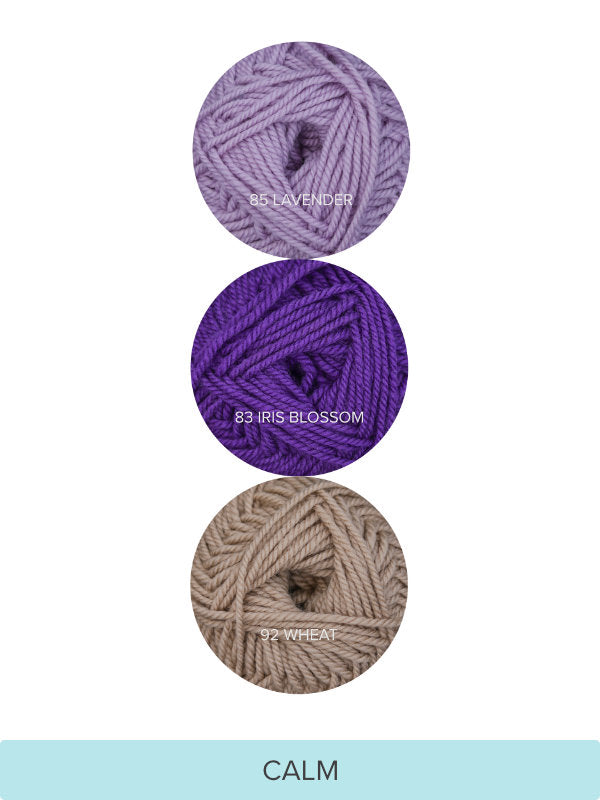 Color Theory Cowl yarn kit in the Calm colorway: Lavender, Iris Blossom, and Wheat Ewe So Sporty merino yarn