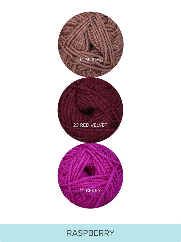 Color Theory Cowl yarn kit in the Raspberry colorway: Berry, Red Velvet, and Mocha Ewe So Sporty merino yarn
