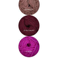 Color Theory Cowl yarn kit in the Raspberry colorway: Berry, Red Velvet, and Mocha Ewe So Sporty merino yarn