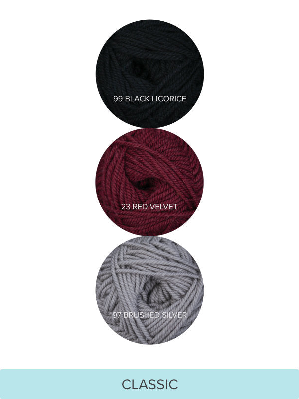 Color Theory Cowl yarn kit in the Classic colorway: Black Licorice, Red Velvet, and Brushed Silver Ewe So Sporty merino yarn